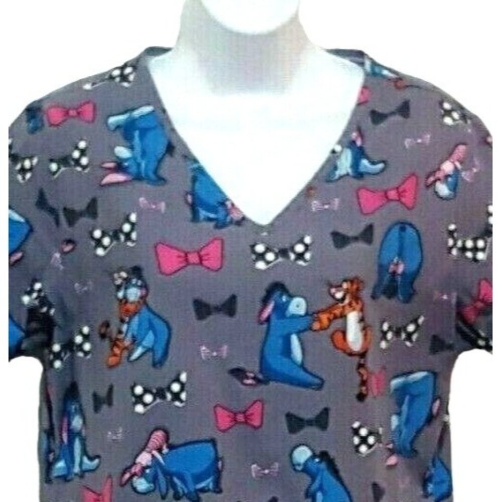Disney Eeyore Tigger Piglet Scrub Shirt Size XS Short Sleeve pockets